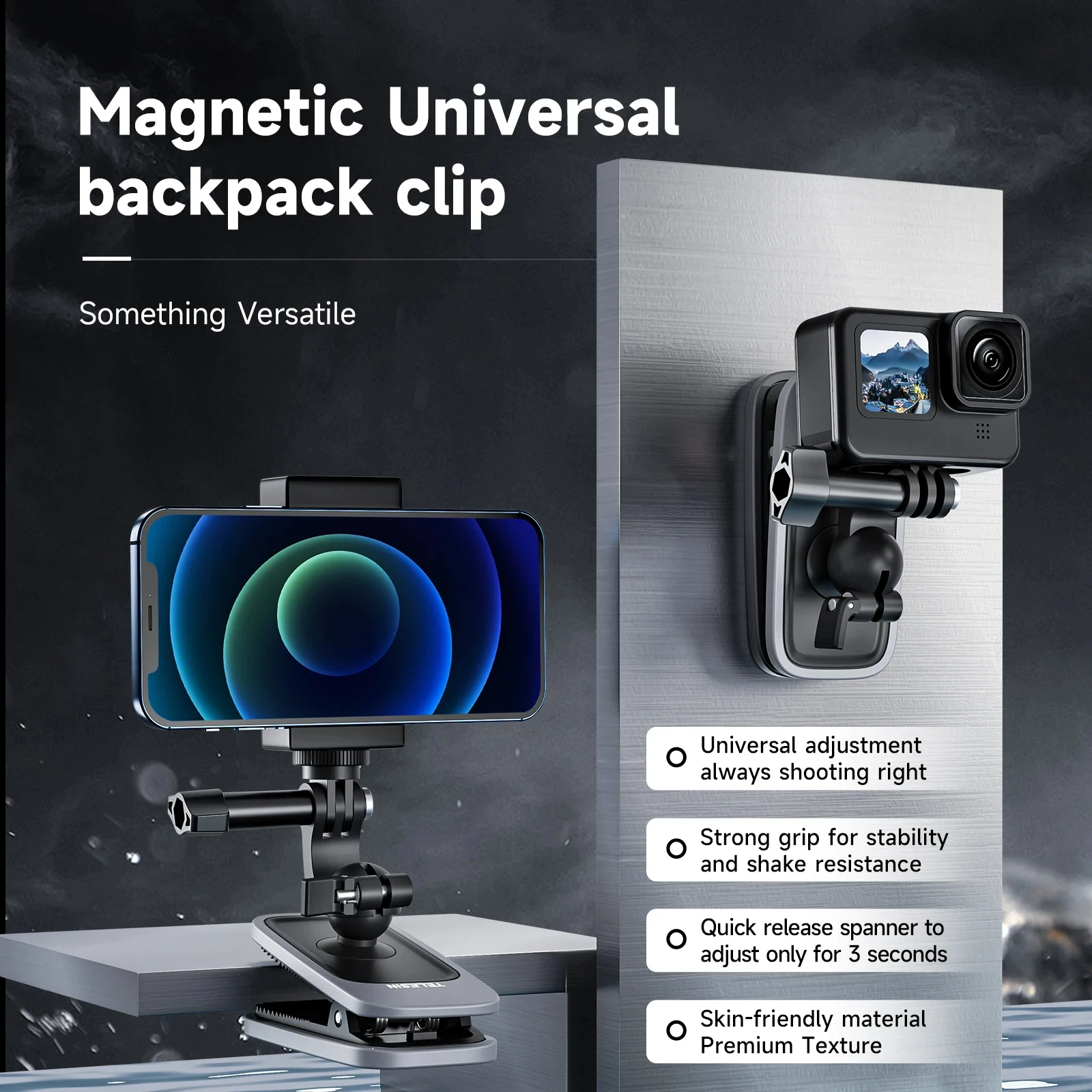 TELESIN 360° Rotation Magnetic Backpack Clip Clamp Mount for Hero 12 11 10 9 8