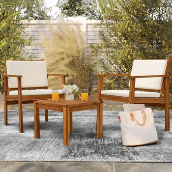 Flamaker Patio Chairs 3 Piece Acacia Wood Patio Furniture with Coffee Table & Cushions Outdoor Conversation Set Balcony Chairs 2