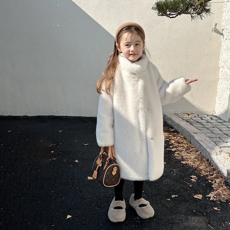 

Kids Coat Girls Furry Outerwear Child Warm Clothes Children Fashion Beige Overcoat Girls 2023 Winter Sweet Coat Girls Coats