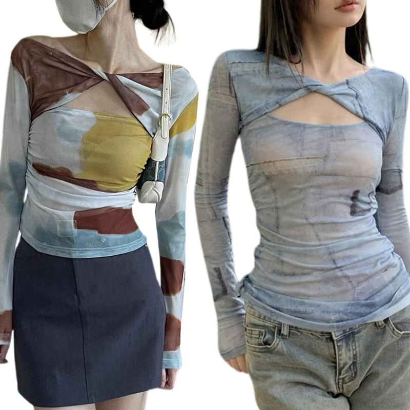 

Breathable and Soft Sheer Mesh Long Sleeve Sexy Women Cropped Tops 10CF
