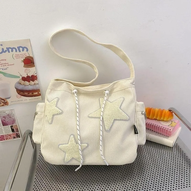 Corduroy Star Embroidery Crossbody Bag - Multi-Pocket Tote with Adjustable Strap, Cute Daily Purse for Women pink/white