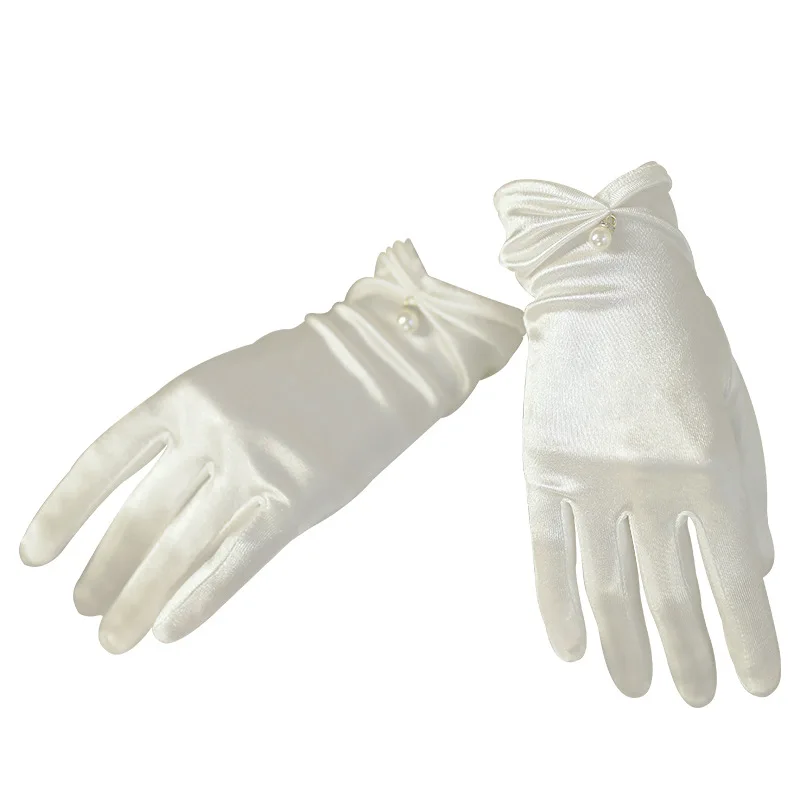 

Short Opera Party 20s Satin Gloves Adult Size Wedding Bridal Gloves with Pearl