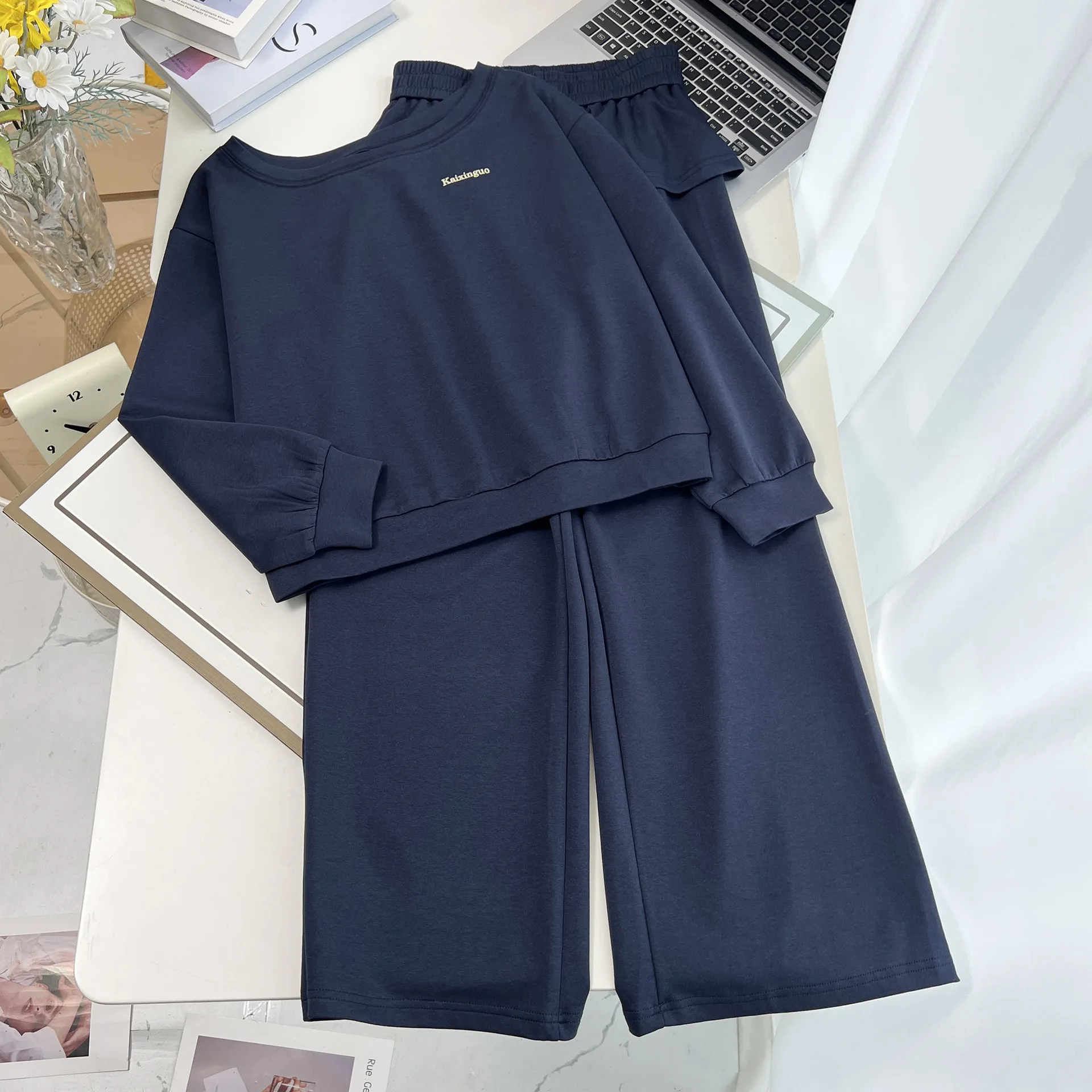 XXXXL Fashion Plus Size Women's Sets 2025 Autumn New Style Navy Blue Hoodie And Trousers Two Pieces Set