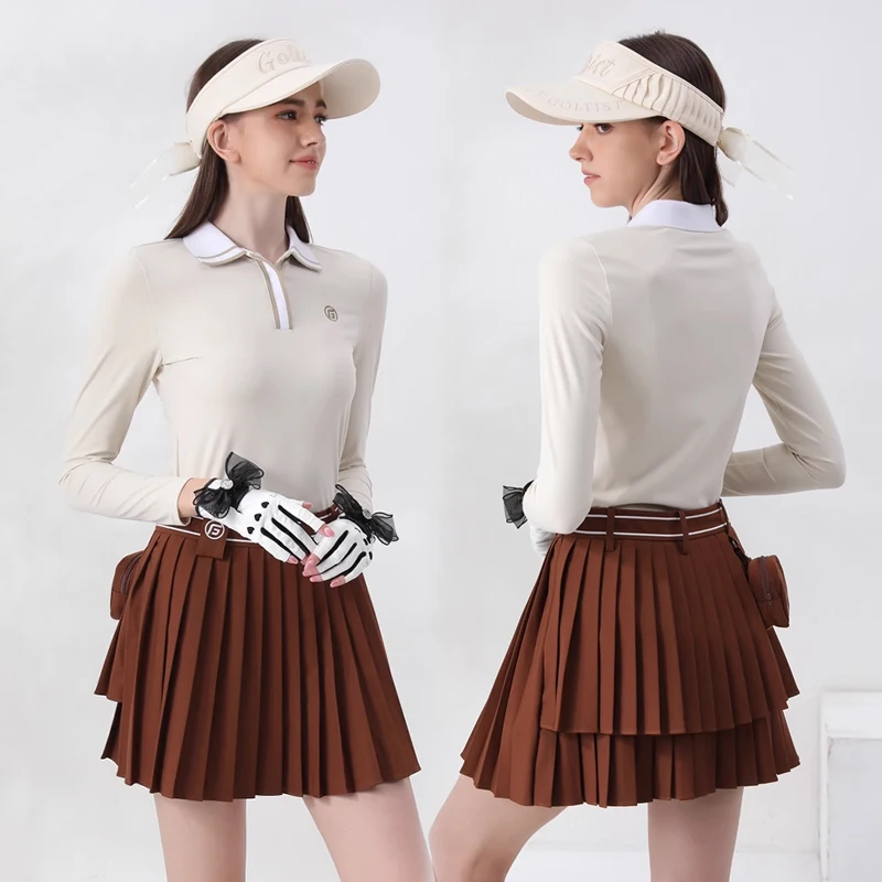 Spring and Autumn Golf Women's Long-sleeved T-shirt Skirt Tennis Suit Female Polo Shirt Top Fashion Pleats Skort Golf Outfits