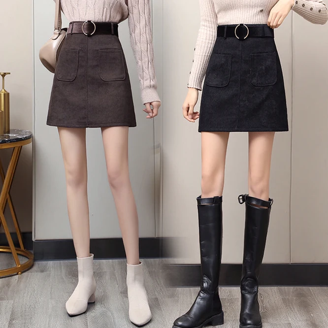 white pleated skirt Spring Autumn Corduroy High Waist Women's High-grade A-line Wrap Hip Skirt Versatile Girl's Belt Zipper Solid Color Black mini skirt