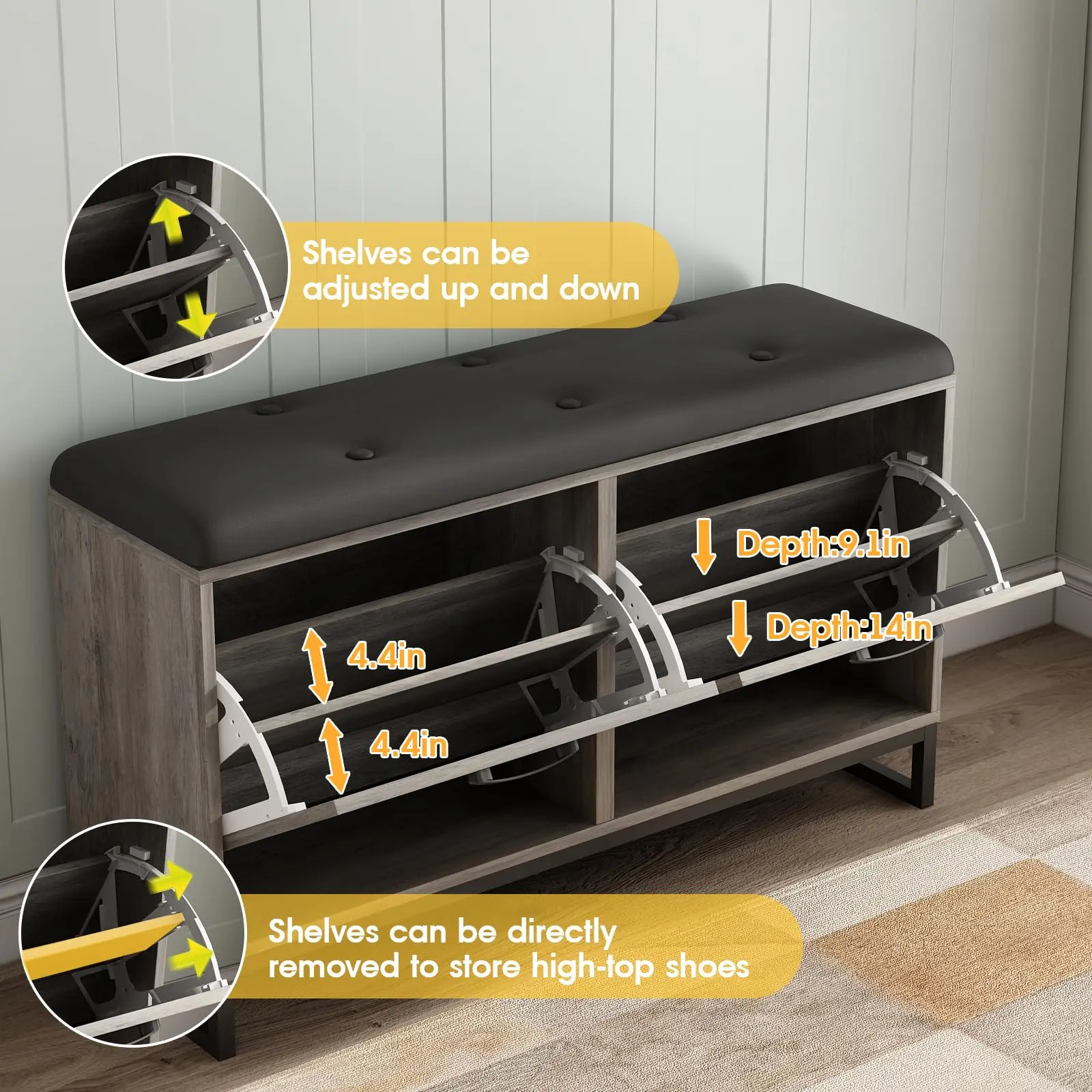 Vabches Shoe Storage Bench with 2 Flip Drawers & Coat Rack Wooden Shoe Cabinet with Padded Seat Cushion for Entryway Furniture 6