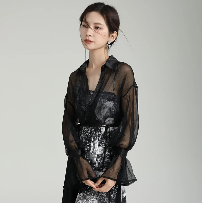 Black Tulle Beach Cover Ups Women Summer 2023 Crop Top Bandage Tunic Waist Shirts Flare Sleeve Single-breasted Outside Cardigan