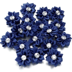 Elegant Handmade Satin Ribbon Flowers with Rhinestone Accents - Set of 20 Decorative Pieces for Clothing and Crafting (Dark Blue)