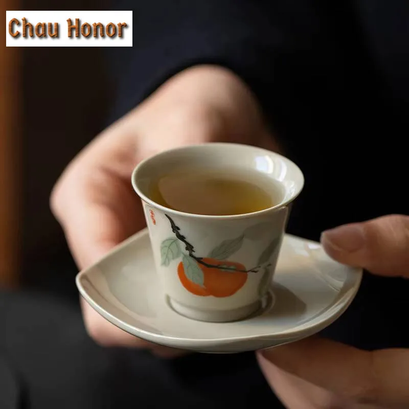 2pc/lot Plant Grey Persimmon Tea Cup Master Cup Tea Cup Tea Cup Household Ceramic Kung Fu Tea Set Single Cup Tea Ceremony30ml