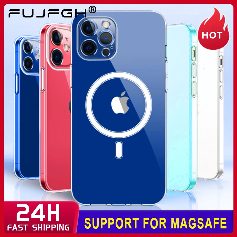 Original For Magsafe Magnetic Wireless Charging Case For iPhone 14 13 12 11 Pro Max Mini X Xs XR 7 8 Plus SE 2020 Acrylic Cover iphone 12 pro max leather case