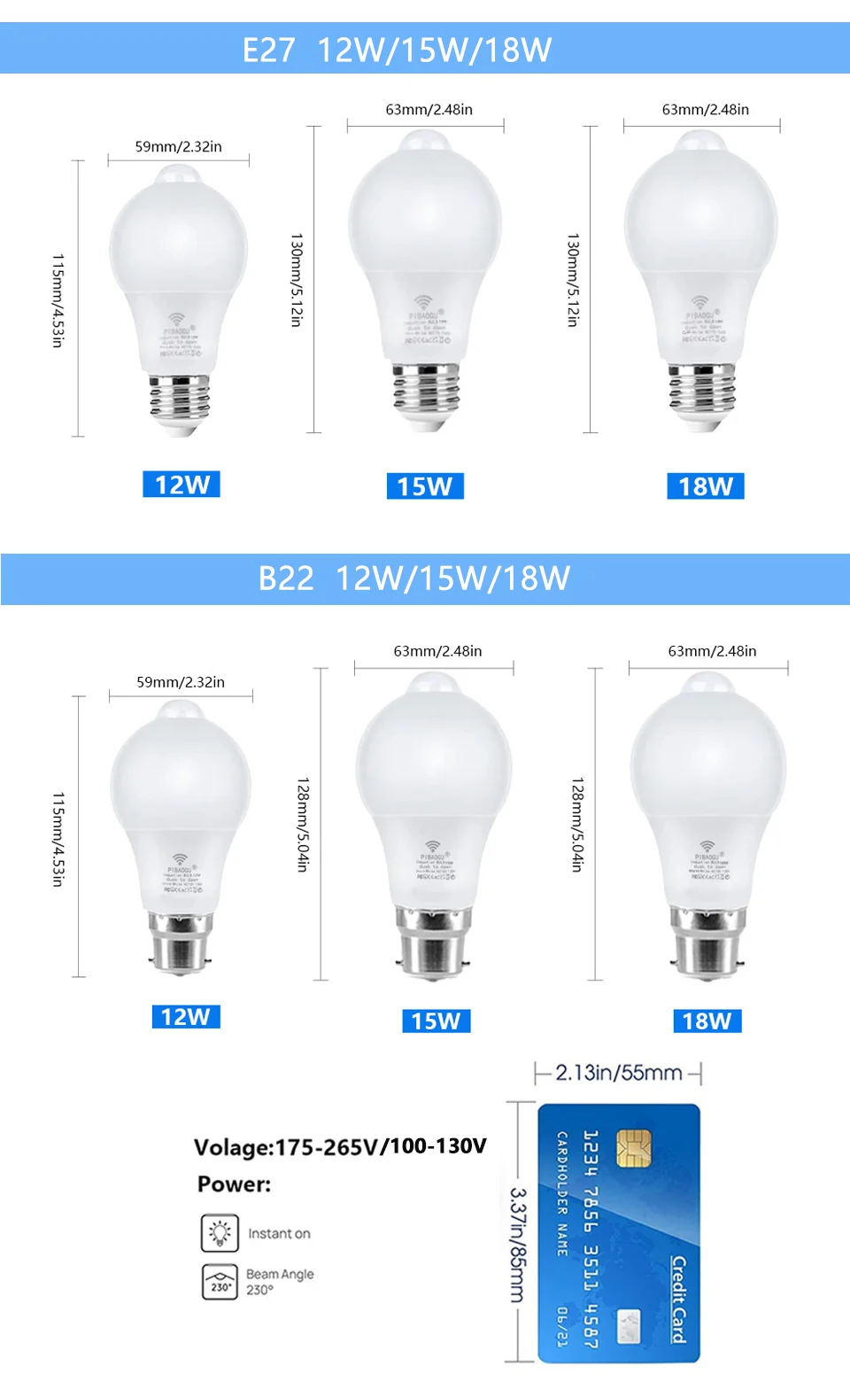 Description Picture 4 of itemMotion Sensor LED Light 220V 110V E27 B22 12W 15W 18W LED Lamp Auto Smart Infrared LED Bulb Energy Saving Bombillas Home Porch