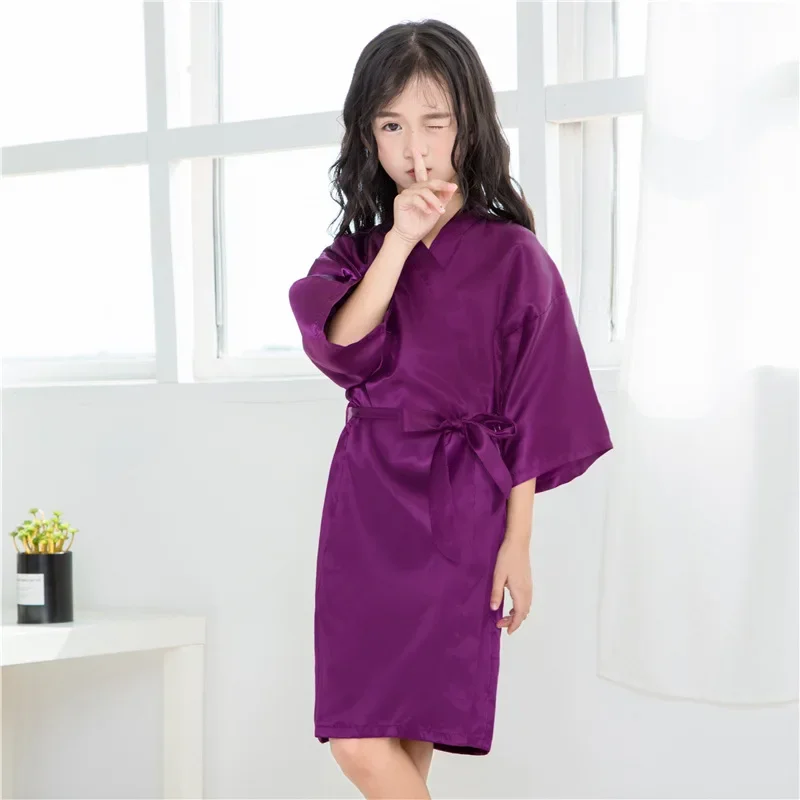 Girls Robes For Kids Solid Silk Satin Robes Children Bathrobe Sleepwear Bath Nightgown For Wedding Spa Party Birthday