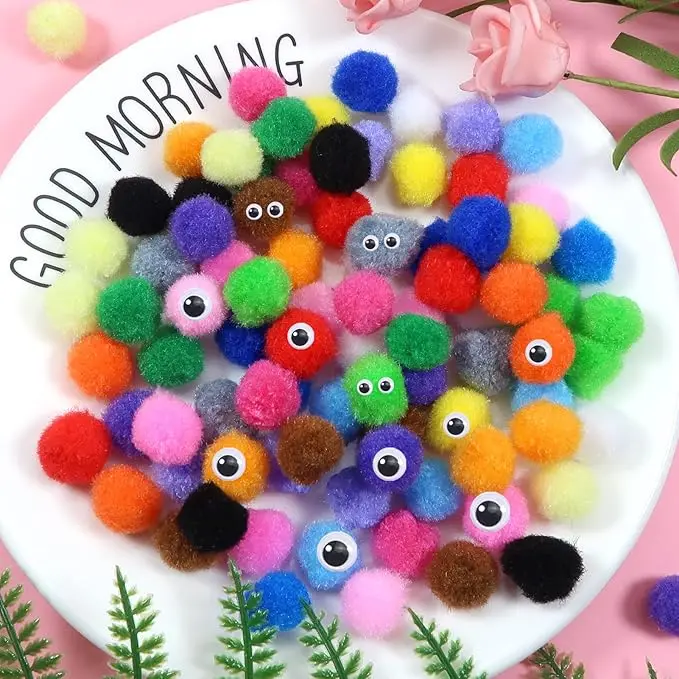 0.6 Inch Assorted Pom Poms Multi Color Fuzzy Pompoms Balls Art Supplies with Wiggle Eyes for DIY Crafts Decorations