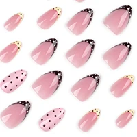 Faux ongles amande rose nude imprimés à pois, 24 pièces, ongles français jaunes/rouges à presser, manucure DIY estivale, faux ongles portables 4