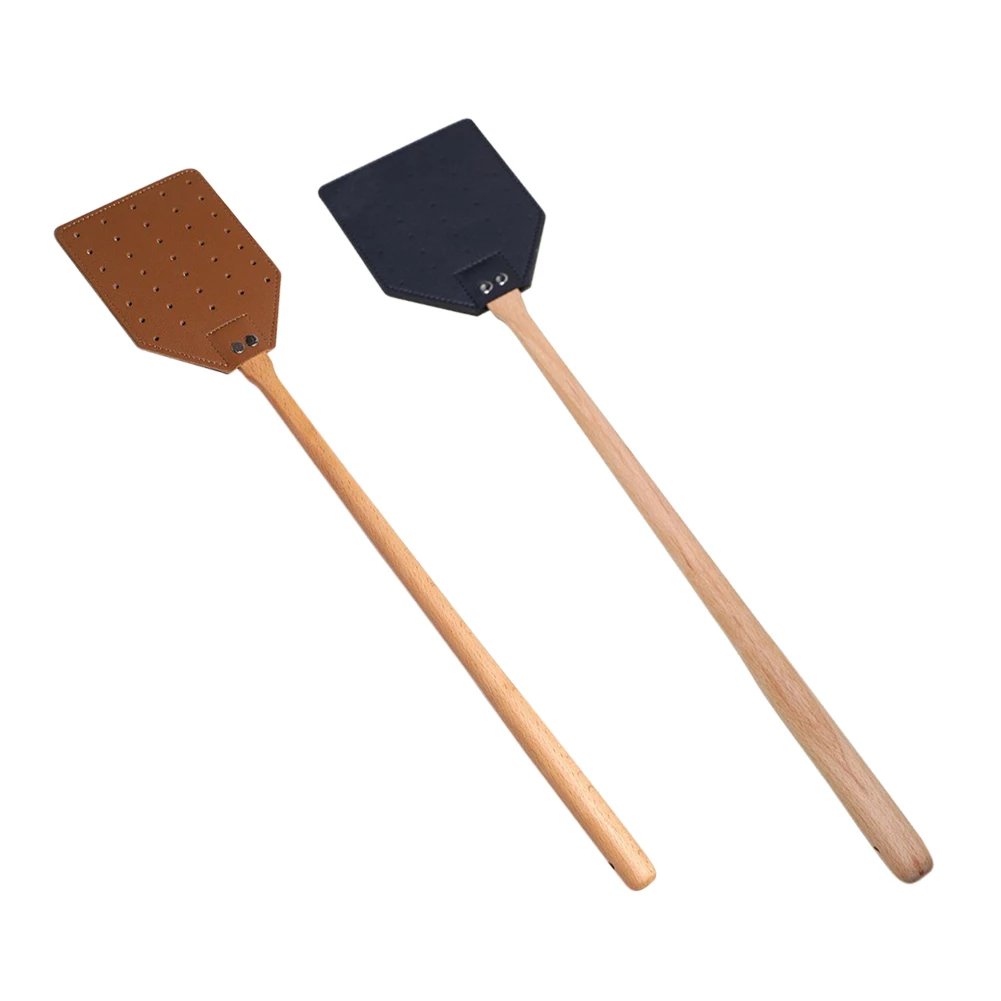 1PCS Portable PU Leather Fly Swatter Handheld Manual Mosquito Swatter With Wooden Long Handle For Home Indoor Outdoor Garden
