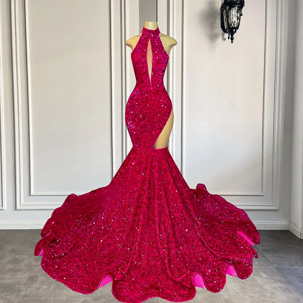 Hot Pink Long Prom Dresses 2023 High Neck Mermaid Style Sparkly