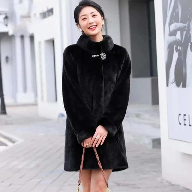Oversized Mink Fur Jacket Women Casual Buckle Stand Collar Winter Coat Thick Windproof Long Sleeve Solid Colors Overcoat Loose