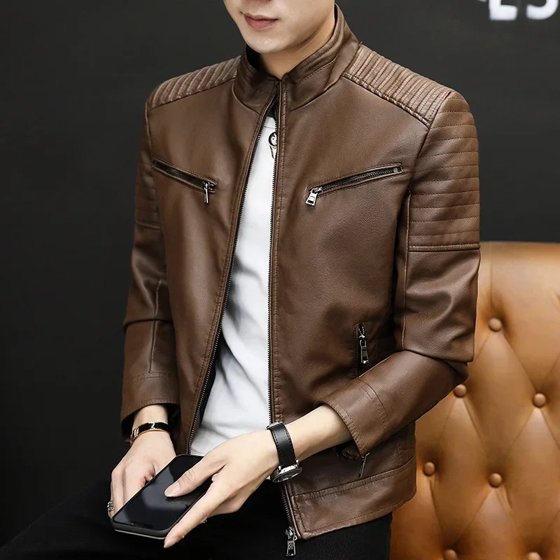 high quality leather jacket for men long sleeve big size soft stitch motorcycle jacket new 2023 autumn clothing black brown