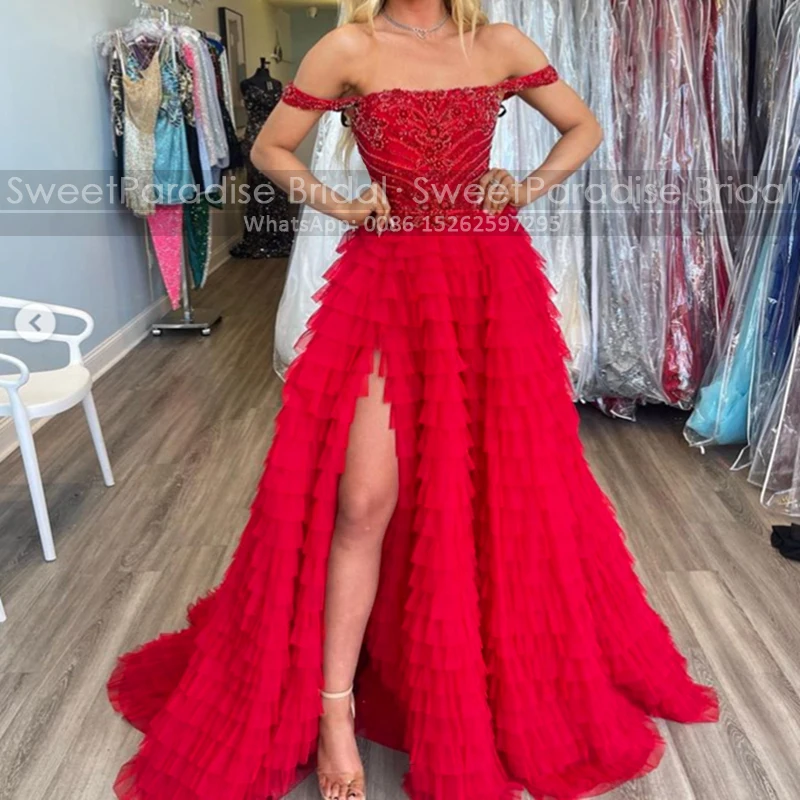 

Красное платье Quinceanera с очень бусинами, Многоярусное ТРАПЕЦИЕВИДНОЕ ПЛАТЬЕ С Боковым Разрезом и открытыми плечами, длинное платье с кристаллами для девушек, 16 ярдов, женское платье