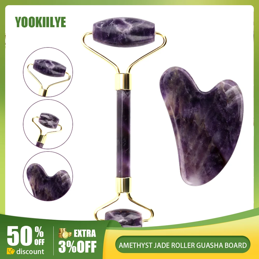 Natural Jade Roller Scraper Massager Amethyst Facial Crystal  Massage Roller Gua Sha Face Jade Stone Skin Care Tools For Body