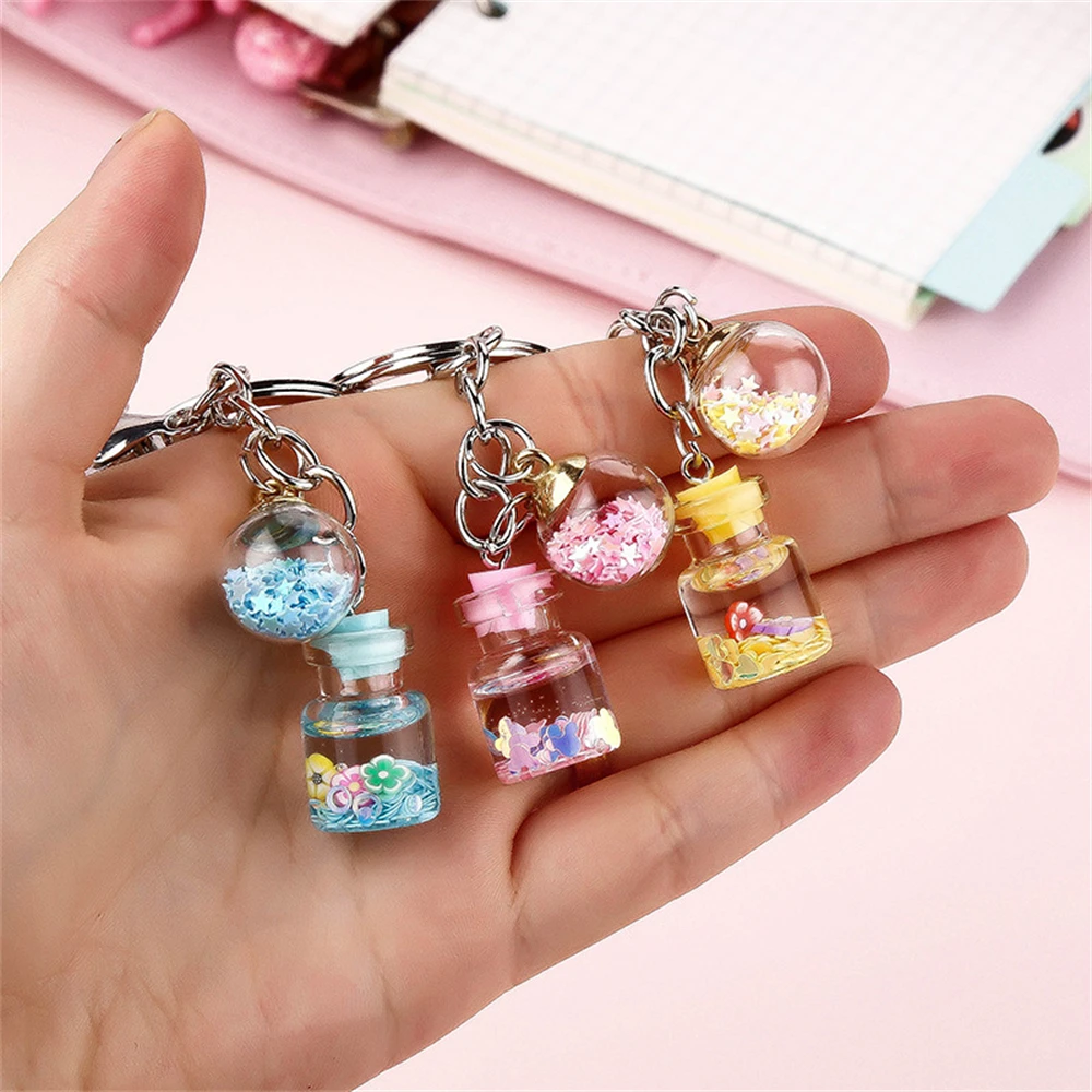 Lovely flower quicksand bottle Keychain Star sequins Key Chains Wishing