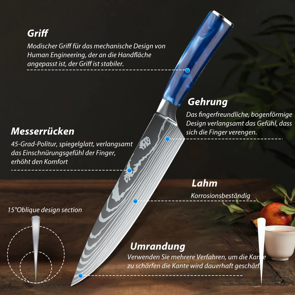 ZENG 8-teiliges Küchenmesser-Set aus Hochkarbon-Stahl mit Damastmuster und Blauem Kunstharzgriff, Ultrascharfe Kochmesser mit Geschenkbox – Detail 9