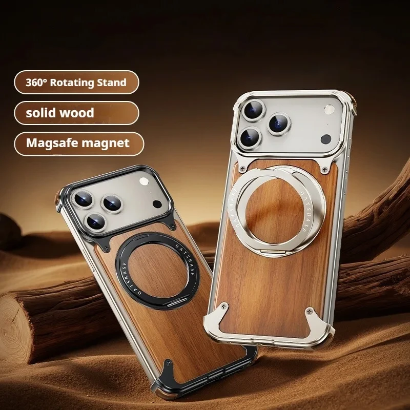 Eary Magnetic Wooden Case for iPhone 17 Pro Max Air for MagSafe Wireless Chargers 360°Rotating Stand Aluminum Solid Wood Shells