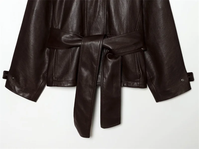 Guobioziy 2026 Autumn Slim Fit PU Leather Jacket Women Belted Waist Stand Collar Coat For Elegant Office Lady Work Wear