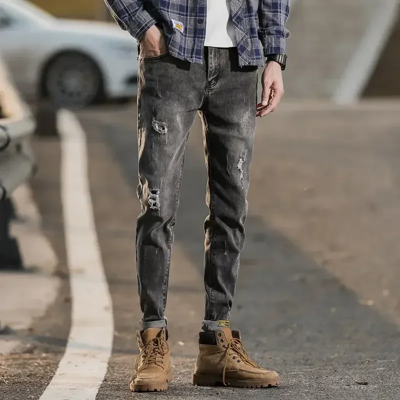 

Male Cowboy Pants Ripped Torn Slim Fit Trousers Tight Pipe Jeans for Men Skinny with Holes Broken Cropped Washed Buggy Cotton Xs