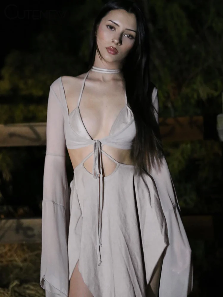 Cutenew Women's Mesh Two Piece Set Sexy Long Sleeve Lace-up Outer Wear Top+Halter Skinny Hollow Out Lady Dress Suit New Outfit 2