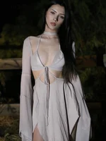 Cutenew Women's Mesh Two Piece Set Sexy Long Sleeve Lace-up Outer Wear Top+Halter Skinny Hollow Out Lady Dress Suit New Outfit 2