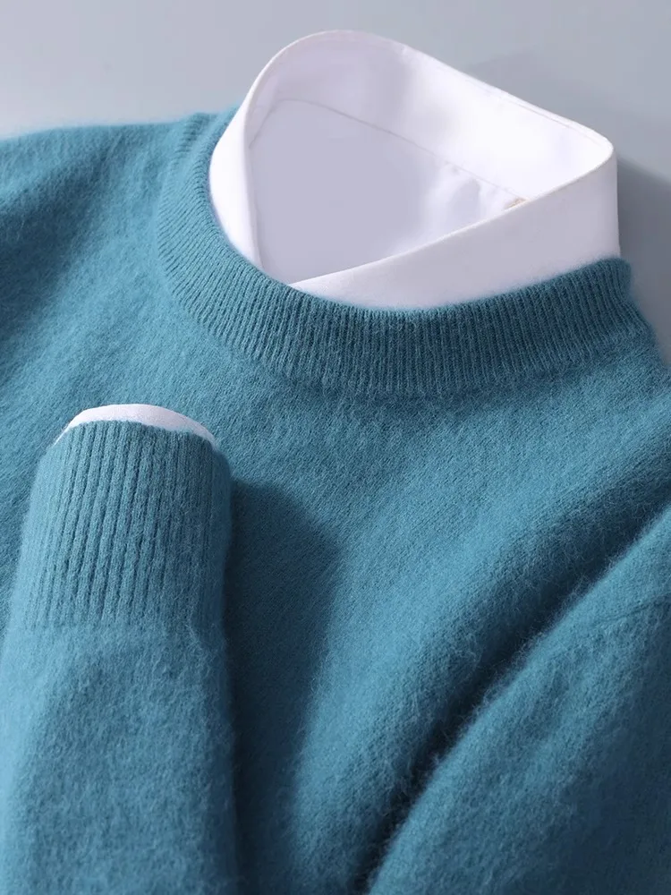 Men's mink cashmere sweater crewneck loose solid color cashmere undercoat youth business knit undercoat sweater