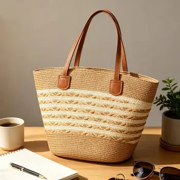 Large Boho Straw Tote Bag Smooth Zipper Shoulder Handbag For Travel Vacation Beach Shopping Office, Summer Bag for Women