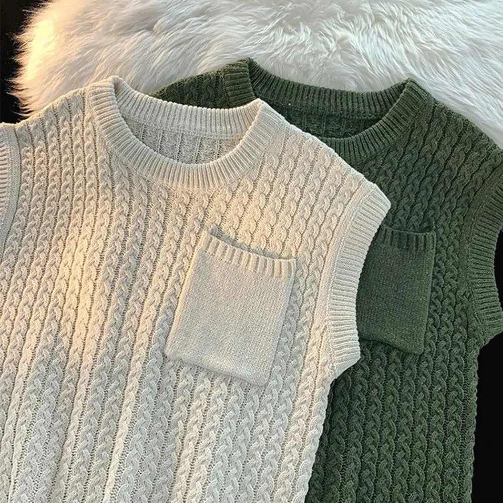 

Men Sweater Vest Knitted Solid Color Long Sleeves Round Neck Loose Keep Warm Casual Preppy Style Pullover Vest for Daily Wear