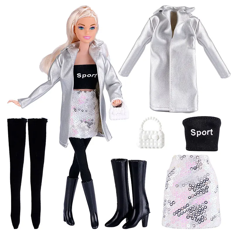 Chic Leather Dress and Fashion Coat Doll Outfit with Accessories