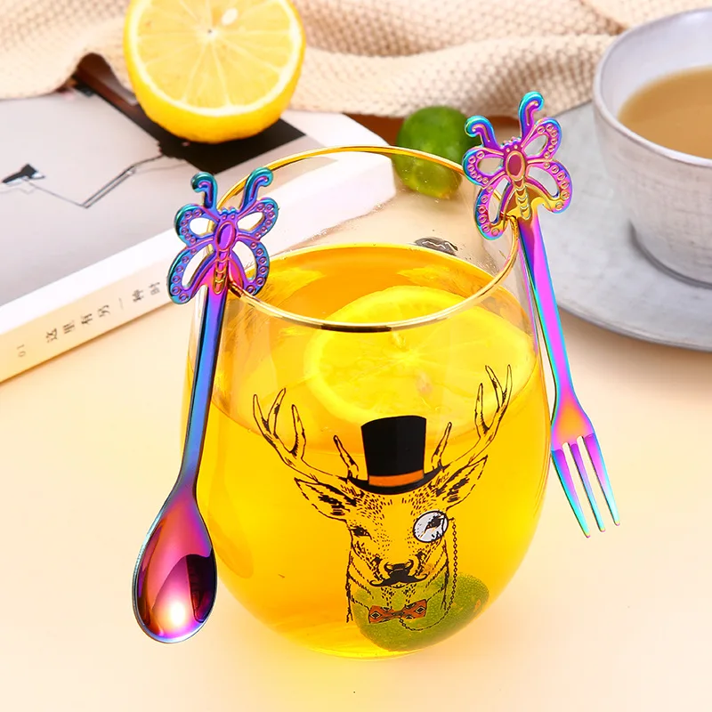 

Christmas Tableware Stainless Steel Spoons Butterfly Hanging Cup Tea Decor Dessert Cake Fruit Fork For Kitchen