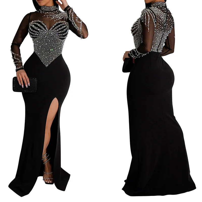 

Fashion Women's Long Dress Long Sleeve High Split Rhinestone Mesh Party Evening Clubwear Maxi Dress Ladies Female Sexy Dresses
