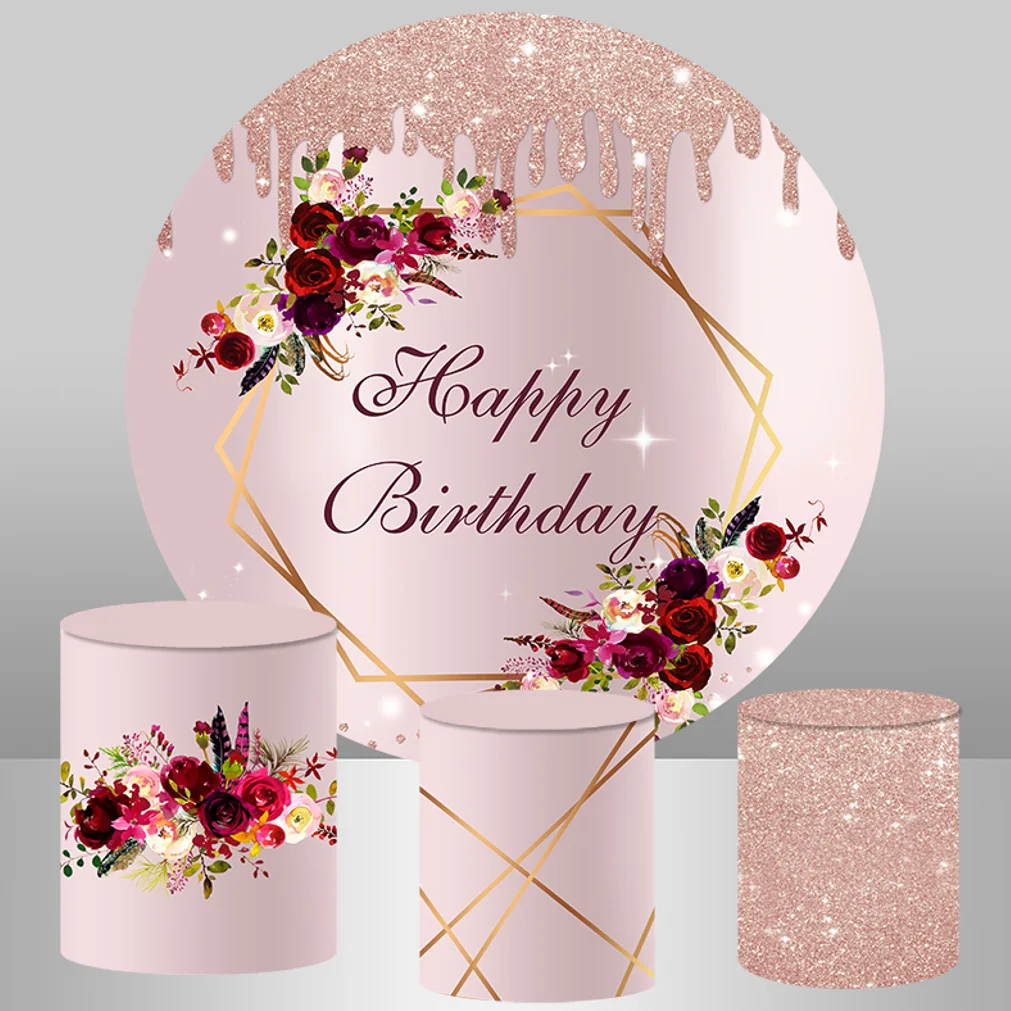 Pink Gold Happy Birthday Round Backdrop Cover Red Rose Flowers Glitter