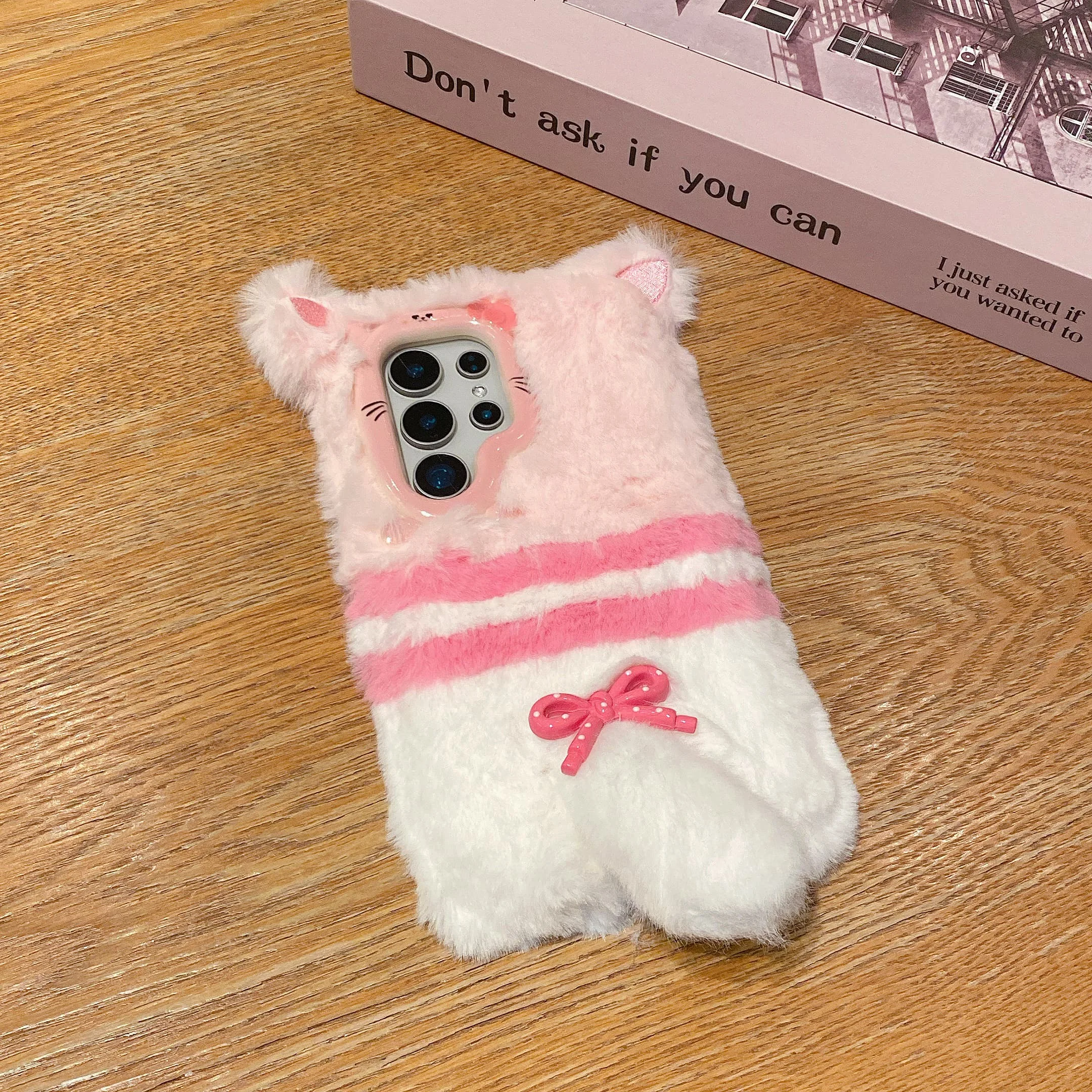 3D Furry Bowknot Kitty Cat Winter Warm Fluffy Soft Fur Case