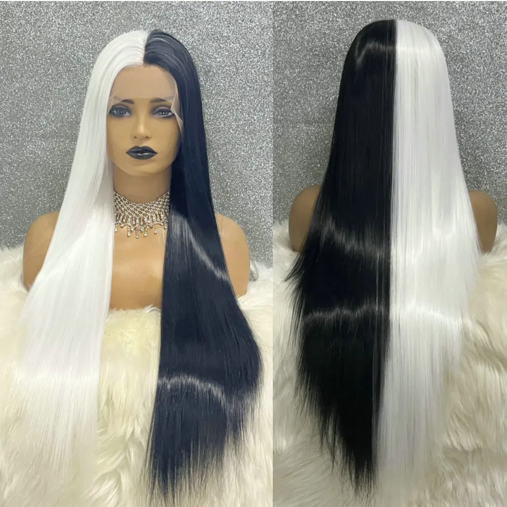 

piano color 13x3.5 Lace Front 28 Inch Straight Drag Queen Half Black Half White Color Glueless Cosplay Wigs For Black Women