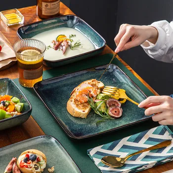 Vancasso Stern Dinner Set Green Square Kiln Change Glaze Tableware 16 Piece Kitchen Dinnerware Ceramic Crockery Set for 4 Person 6