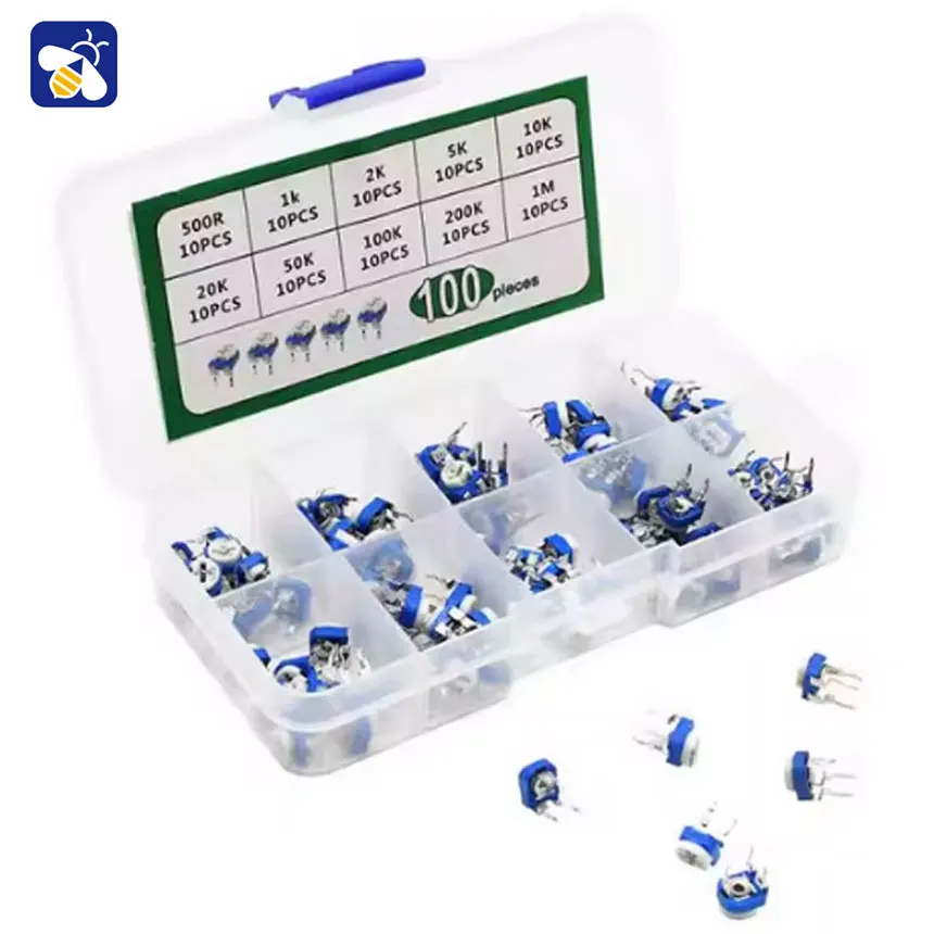 10 kinds of adjustable resistors potenciometroRM065 variable 1K 2K 5K 10K 50K 100K 500K ohm 1M horizontal blue and white potentiometer