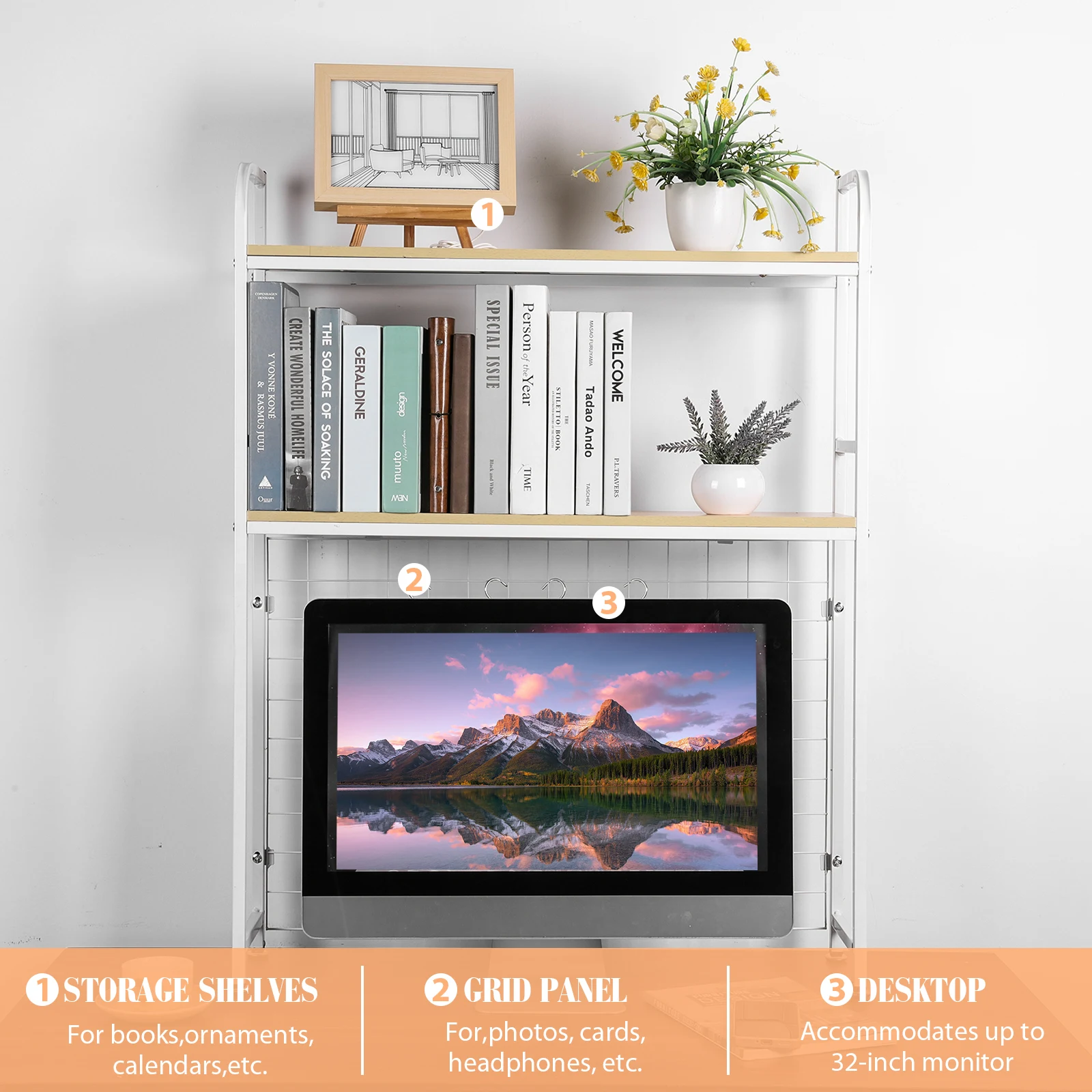 2 Tier Wooden Desk Organiser Shelf with Grid Panel Bookcase Organizer Multipurpose Desktop Decorative Rack for Home Office