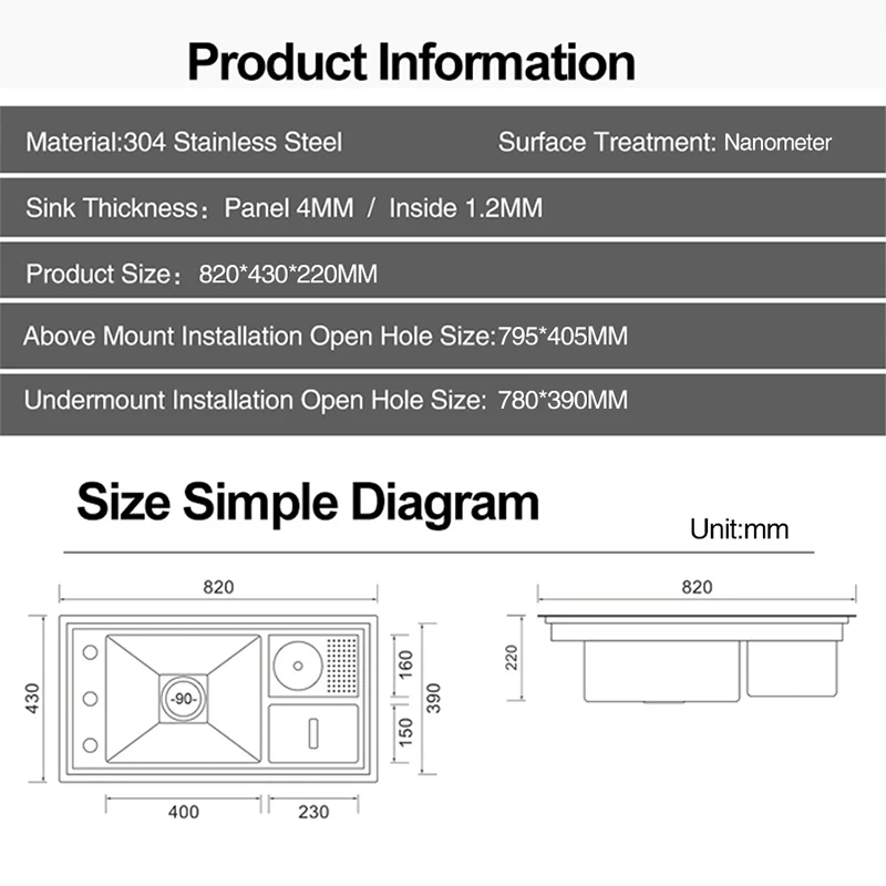 ASRAS Hidden Nanometer Three Cover Kitchen Sink SUS 304 Stainless Steel 4mm Thickness With Cup Rinser And Trash Can Sinks 6
