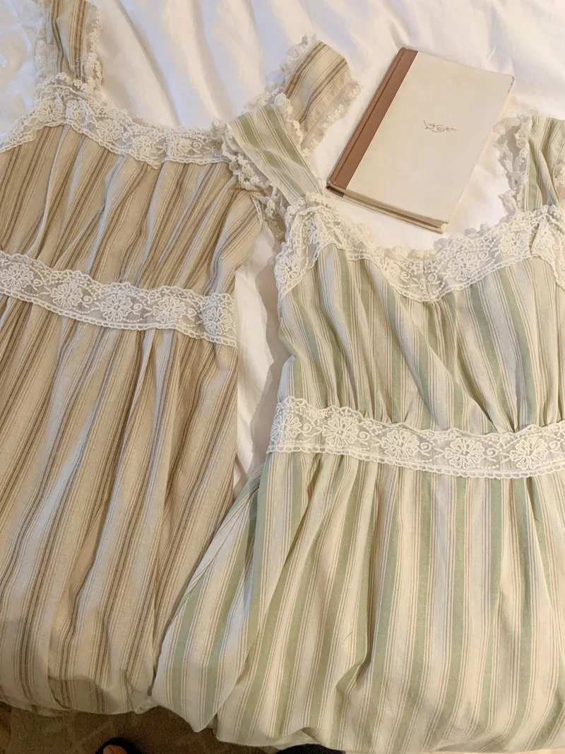 Lace Crochet Summer Nightgown Women Strapless Slash Neck Long Night Dress High Waist Elegant Backless Striped Sleepwear Cotton