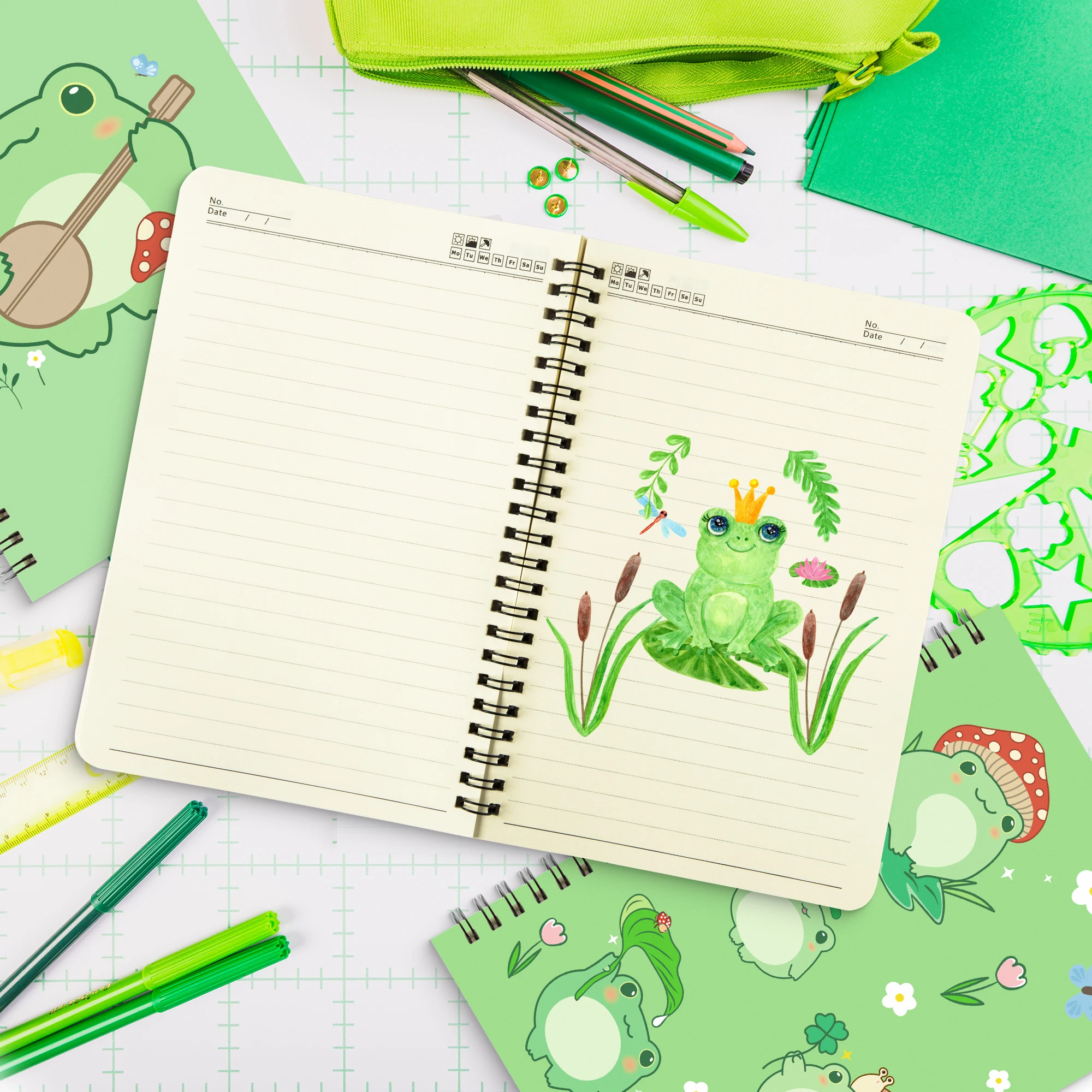 Notebook 4-piece set A5 Gift box Stationery back-to-school gift Writing Notepad Green inner cover eye protection coil This frog 3