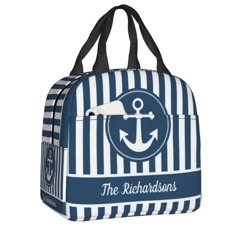 

Marine Stripes Nautical Anchor Insulated Lunch Bags for School Office Waterproof Cooler Thermal Bento Box Women Kids