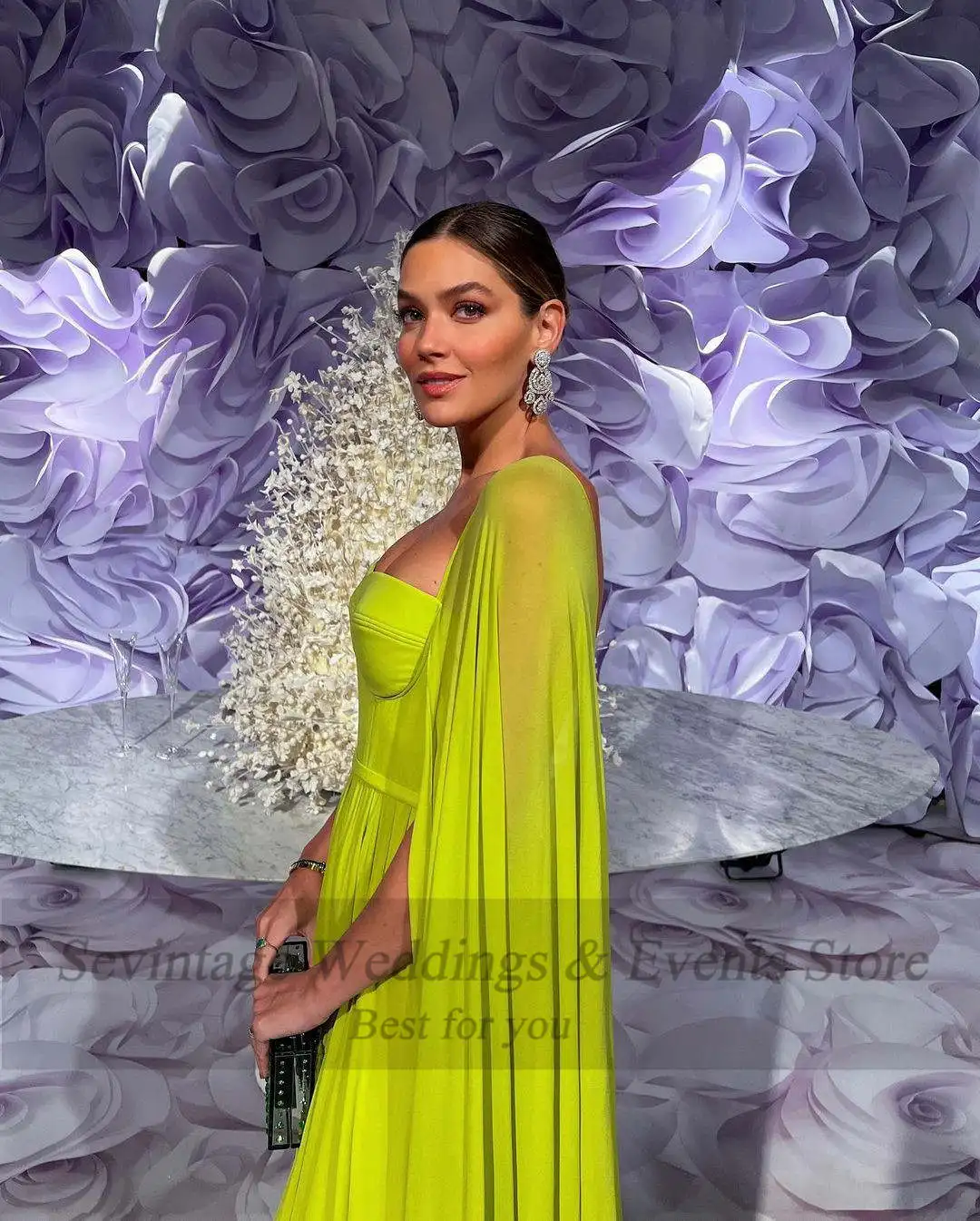 Women Prom Dresses Sevintage A Line Minit Green Chiffon Formal Prom Gowns Women Long Cap Sleeves Evening Party Dresses Buttons Back Event Dress