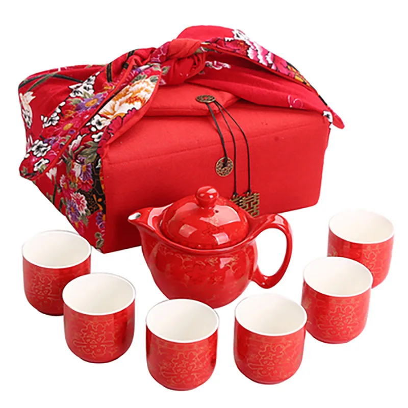 Chinese Traditional Ceramic Tea Set, Retro Red, Double Happiness Teapot Cup, Newlywed Souvenir Gift, Wedding Supplies