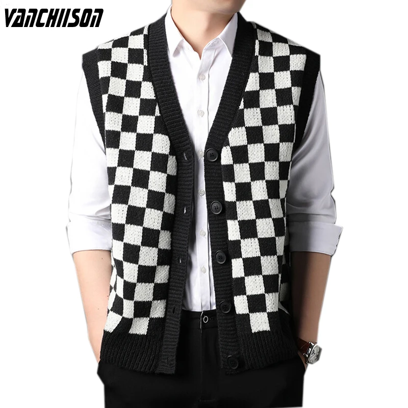 

Men Plaids Vest Knit Checkered Checkboard Buttons Down Sleeveless Sweater Cardigan Jacket Plus Size 100kg 4XL V Neck 00027